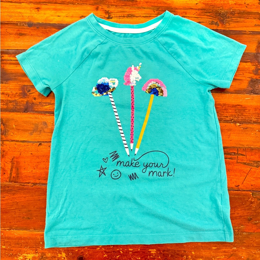 Teal Graphic Pencils with Flip Sequins T-Shirt